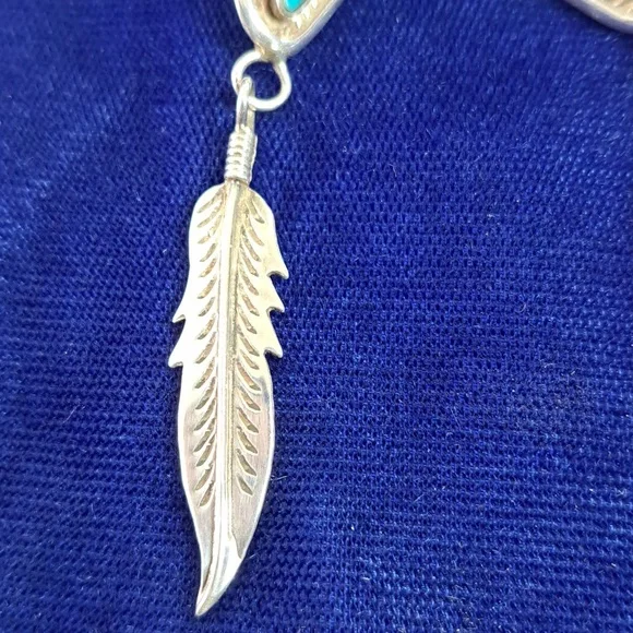 Vintage Native American Turquoise Sterling Silver Feather Earrings Signed - Picture 5 of 15